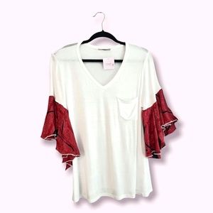 Women's V Neck Tee with Refashioned Sleeves